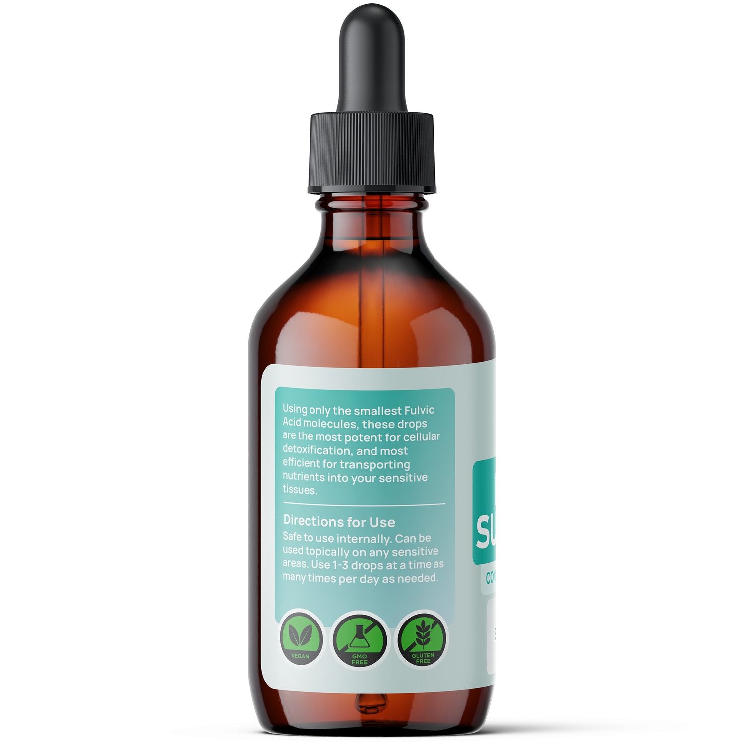 Brown glass dropper bottle with a label on a white background