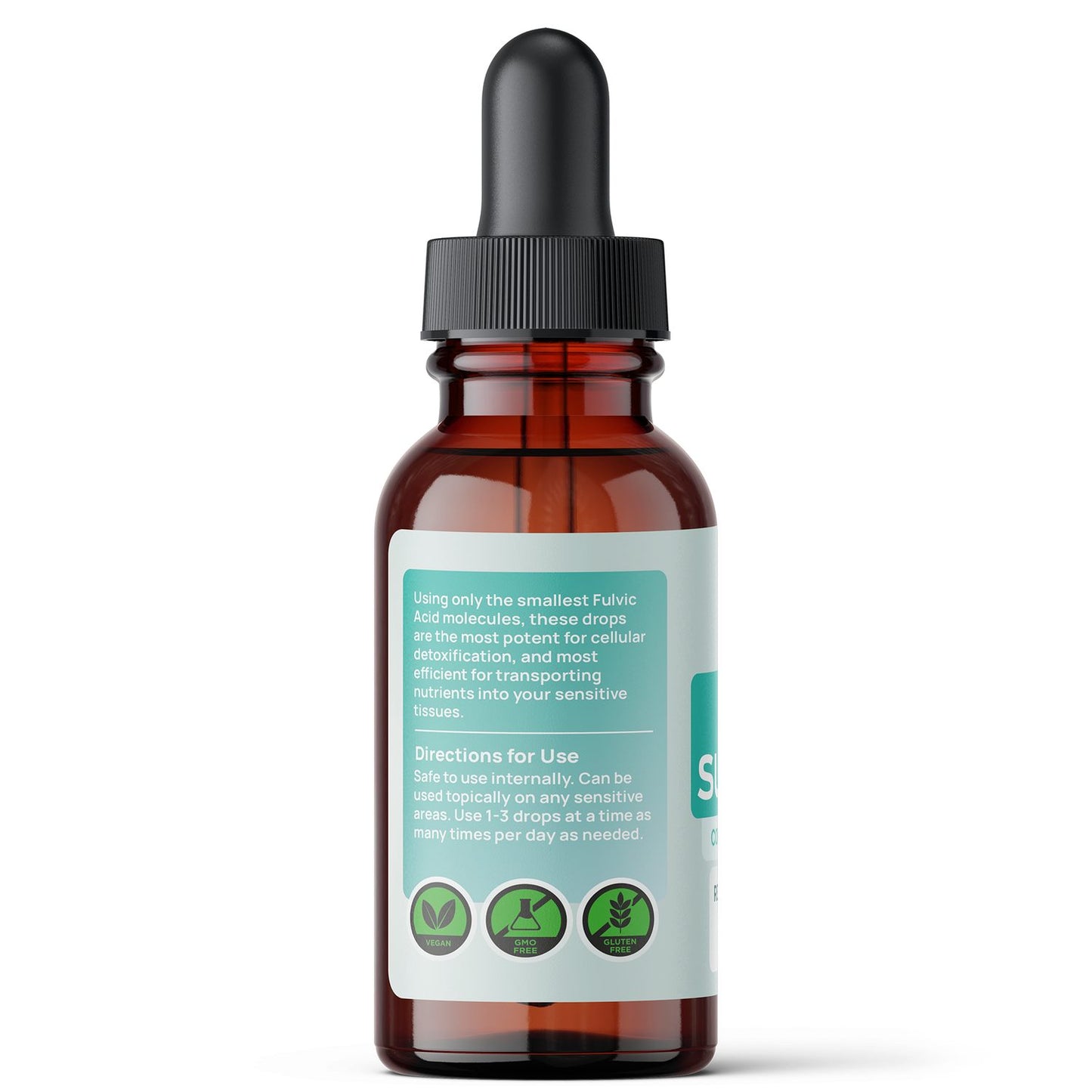 Brown glass dropper bottle with a label on a white background