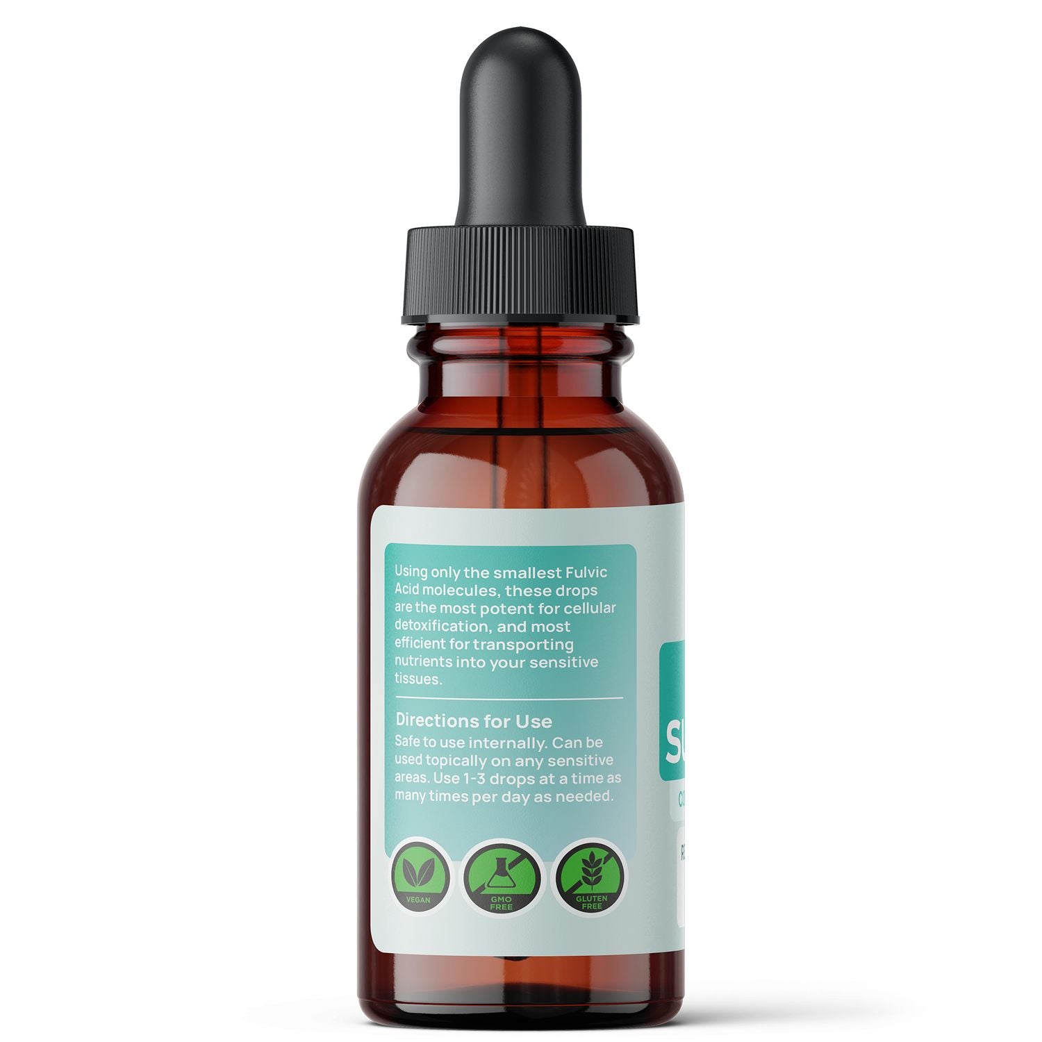 Brown glass dropper bottle with a label on a white background