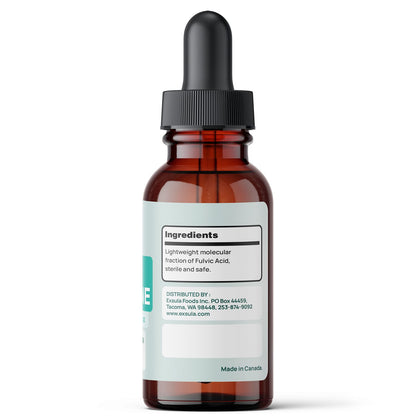 Brown glass dropper bottle with a label on a white background