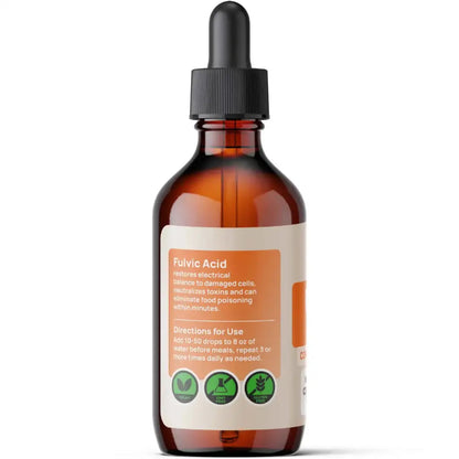 Bottle of fulvic acid with a dropper on a white background