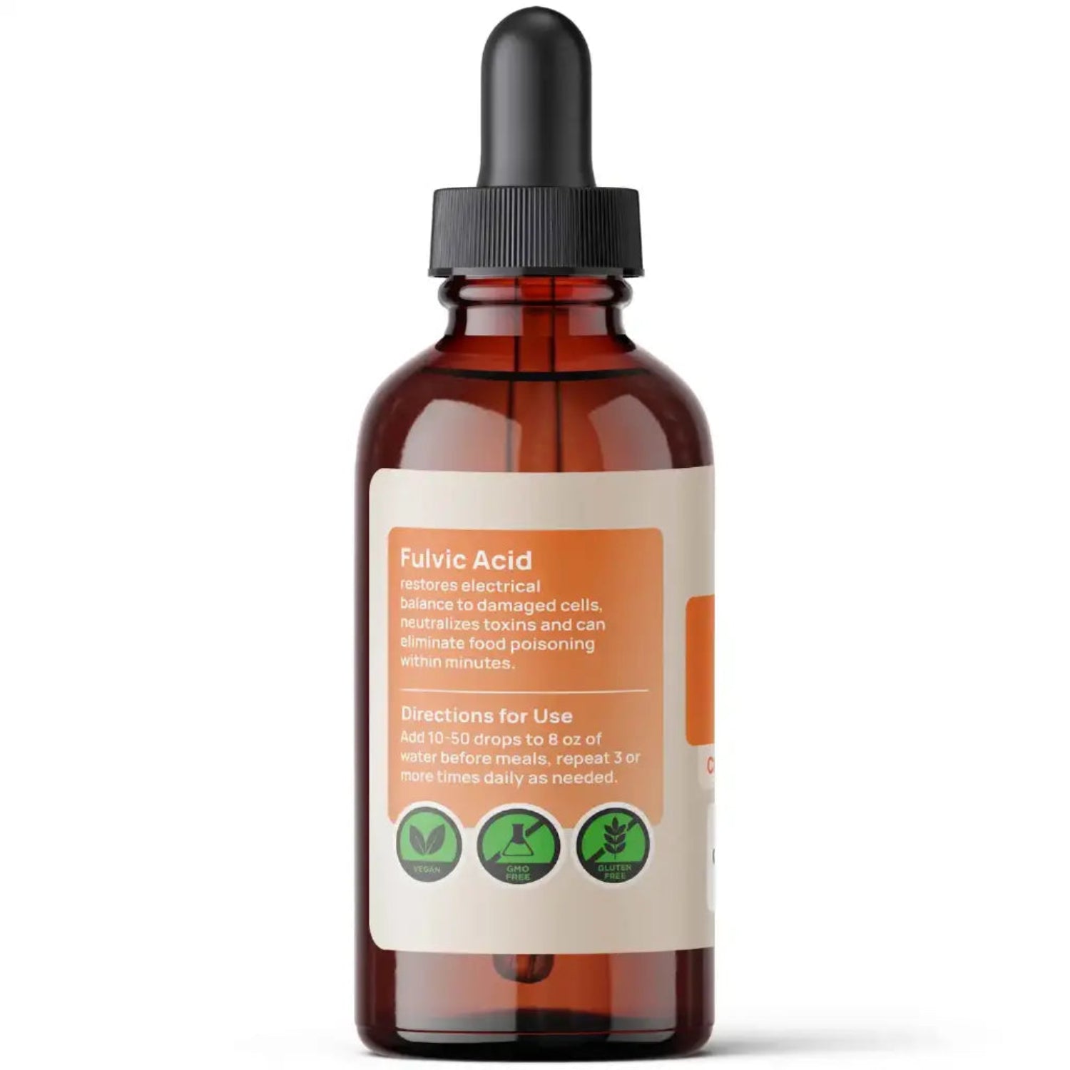 Brown glass bottle with dropper labeled 'Fulvic Acid' on a white background