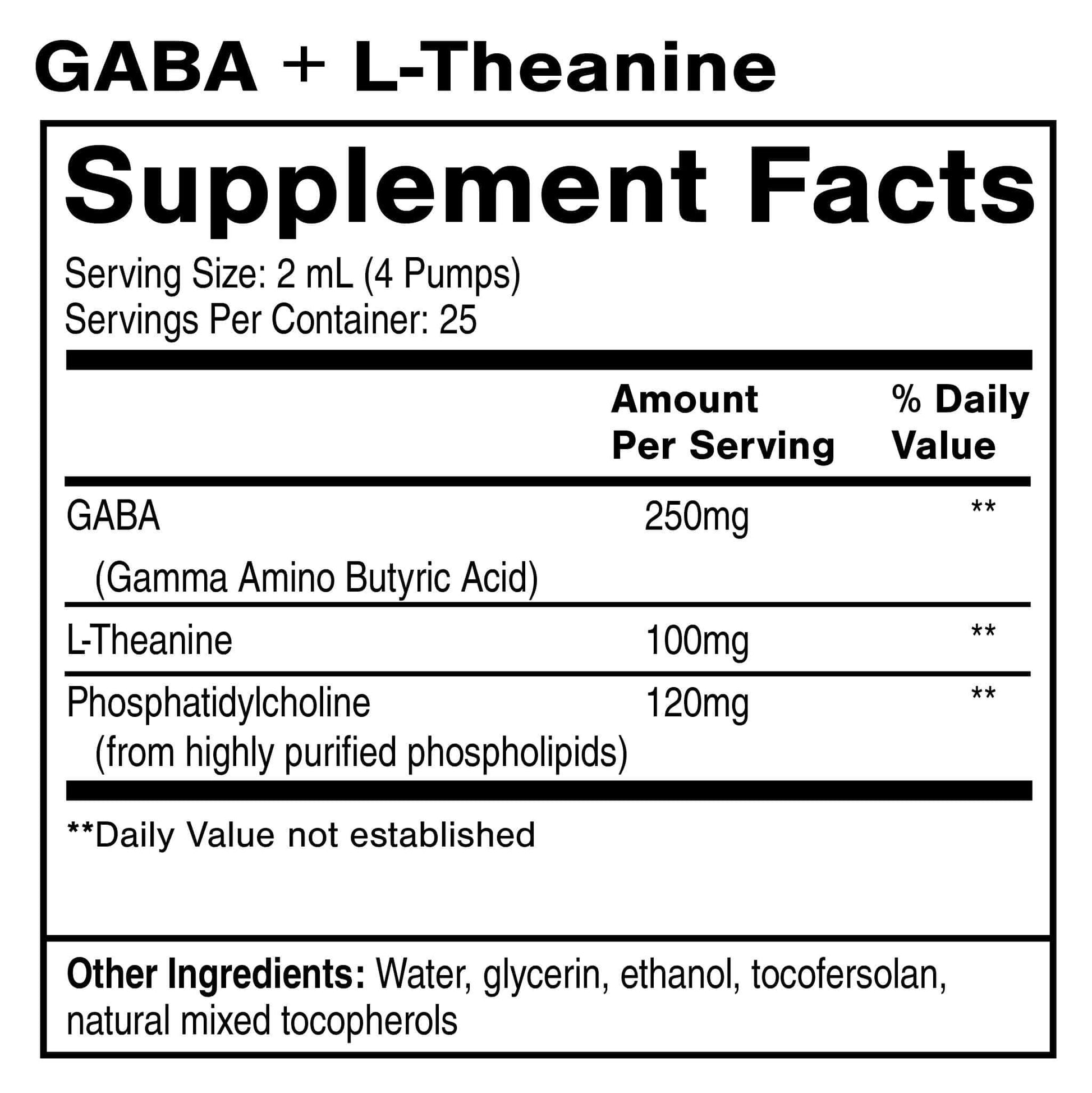 Supplement Facts for Liposomal GABA with L-Theanine, detailing GABA, L-Theanine, and Phosphatidylcholine amounts.
