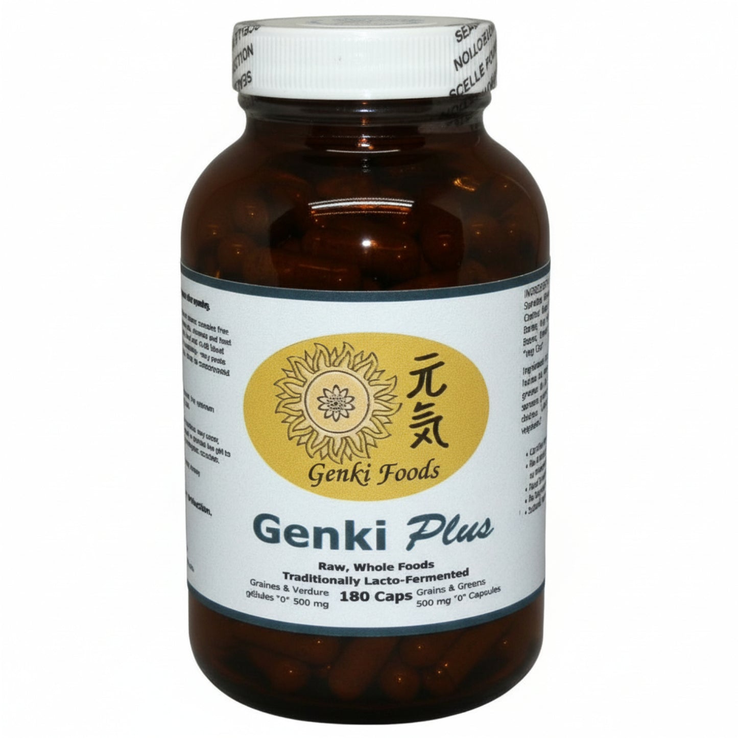 Brown supplement bottle labeled 'Genki Plus' by Genki Foods on a white background