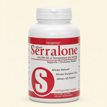 Supplement bottle labeled 'Infused Serralone' on a white background