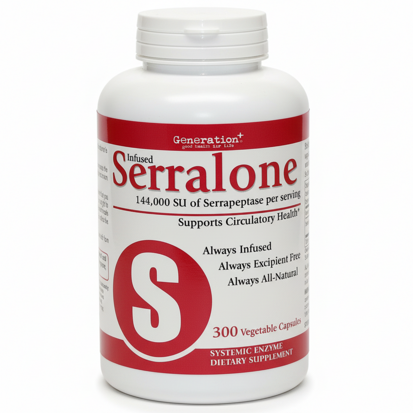 Supplement bottle labeled 'Serralone' with red and white design on a white background