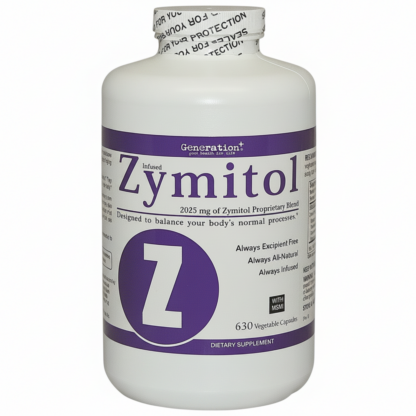 Supplement bottle labeled 'Zymitol' with purple and white design on a white background