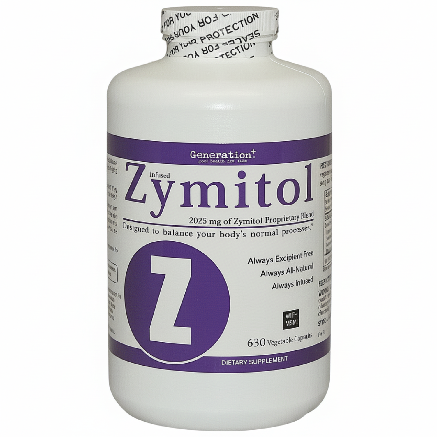 Supplement bottle labeled 'Zymitol' with purple and white design on a white background