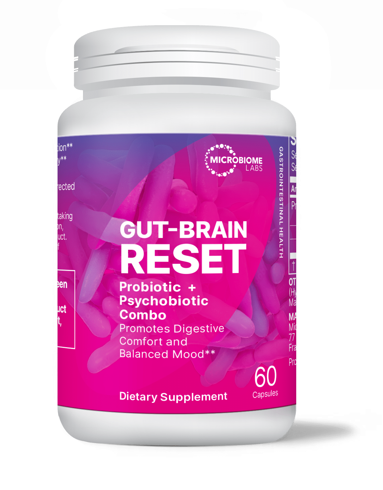 Gut-Brain Reset probiotic supplement promoting digestive comfort and balanced mood, Psychobiotic for Mental Clarity.