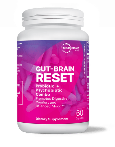 Gut-Brain Reset probiotic supplement promoting digestive comfort and balanced mood, Psychobiotic for Mental Clarity.