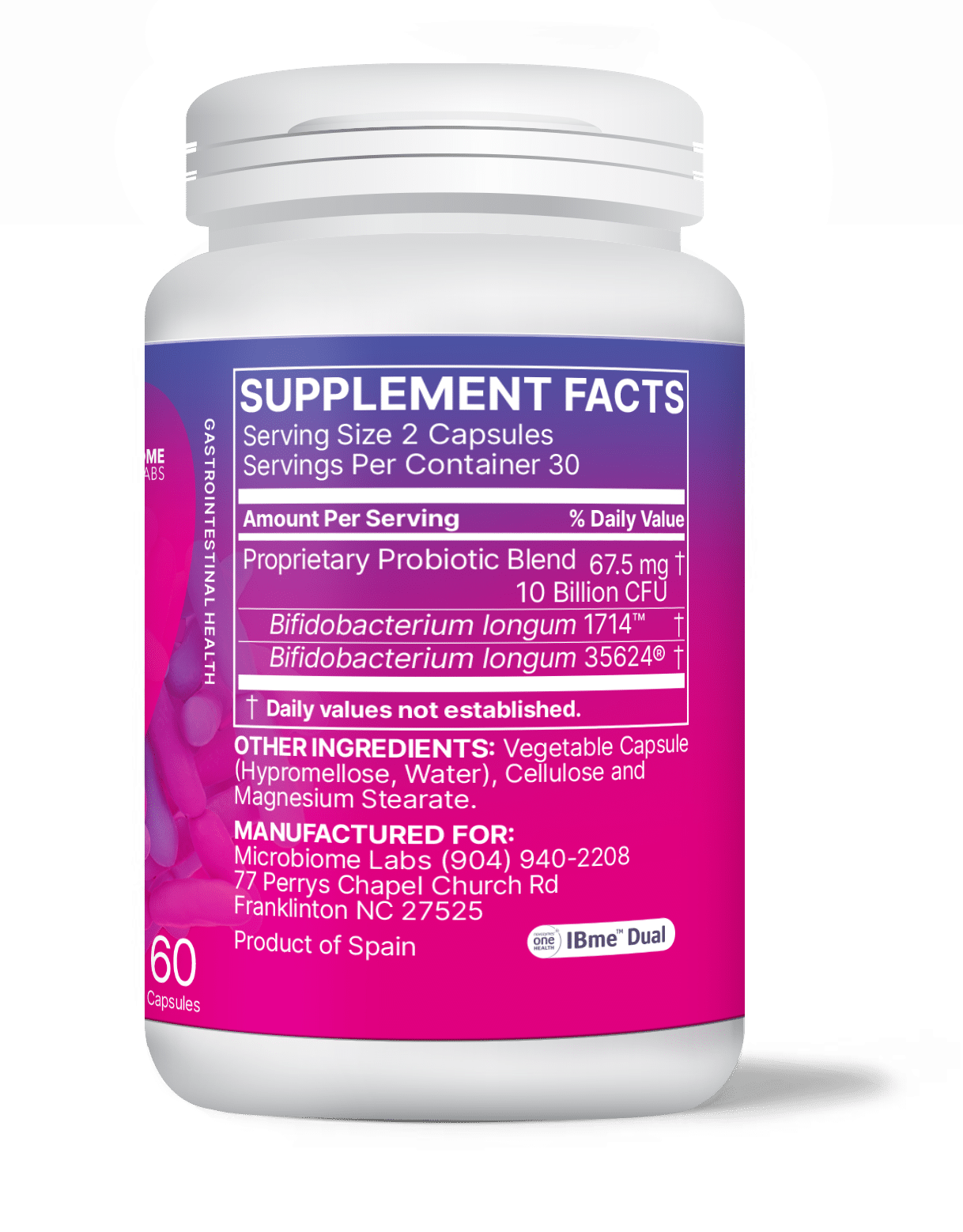 Supplement facts for Gut-Brain Reset psychobiotic for mental clarity in a white bottle with pink label.