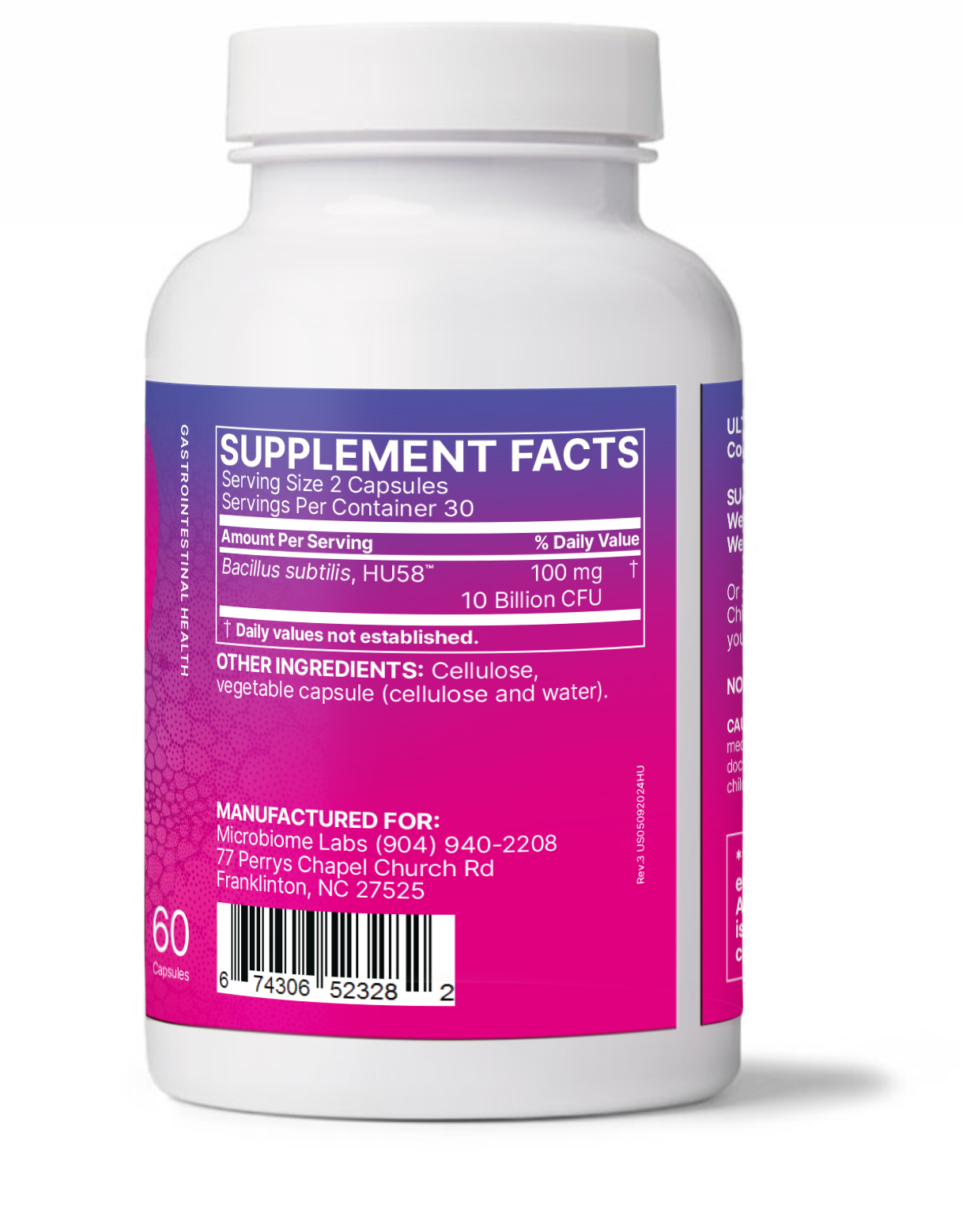 HU58 High Potency Spore Based Probiotic supplement facts label, featuring Bacillus subtilis, 60 capsules.