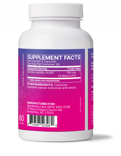 HU58 High Potency Spore Based Probiotic supplement facts label, featuring Bacillus subtilis, 60 capsules.
