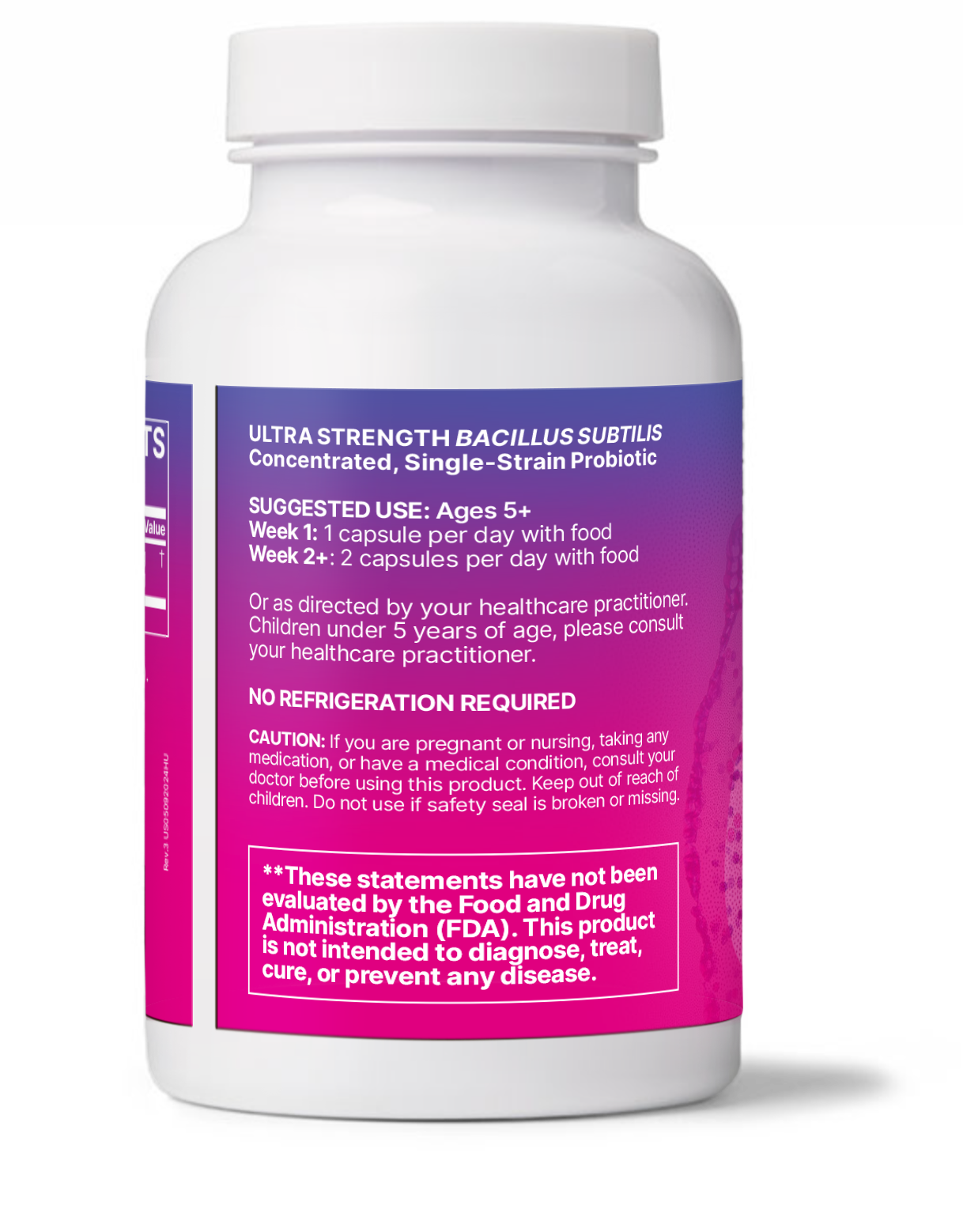 HU58 High Potency Spore Based Probiotic bottle with usage instructions and health warnings.