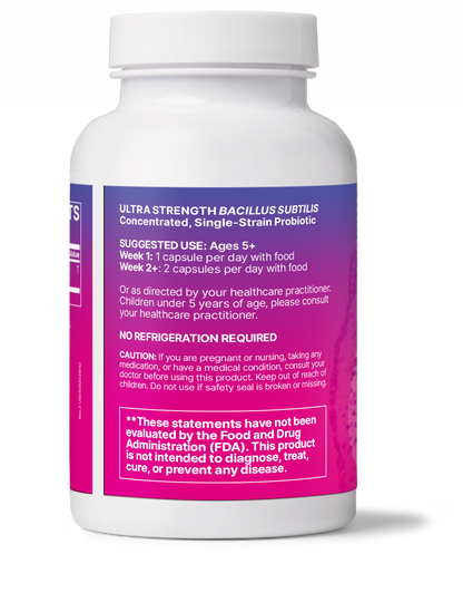 HU58 High Potency Spore Based Probiotic bottle with usage instructions and health warnings.
