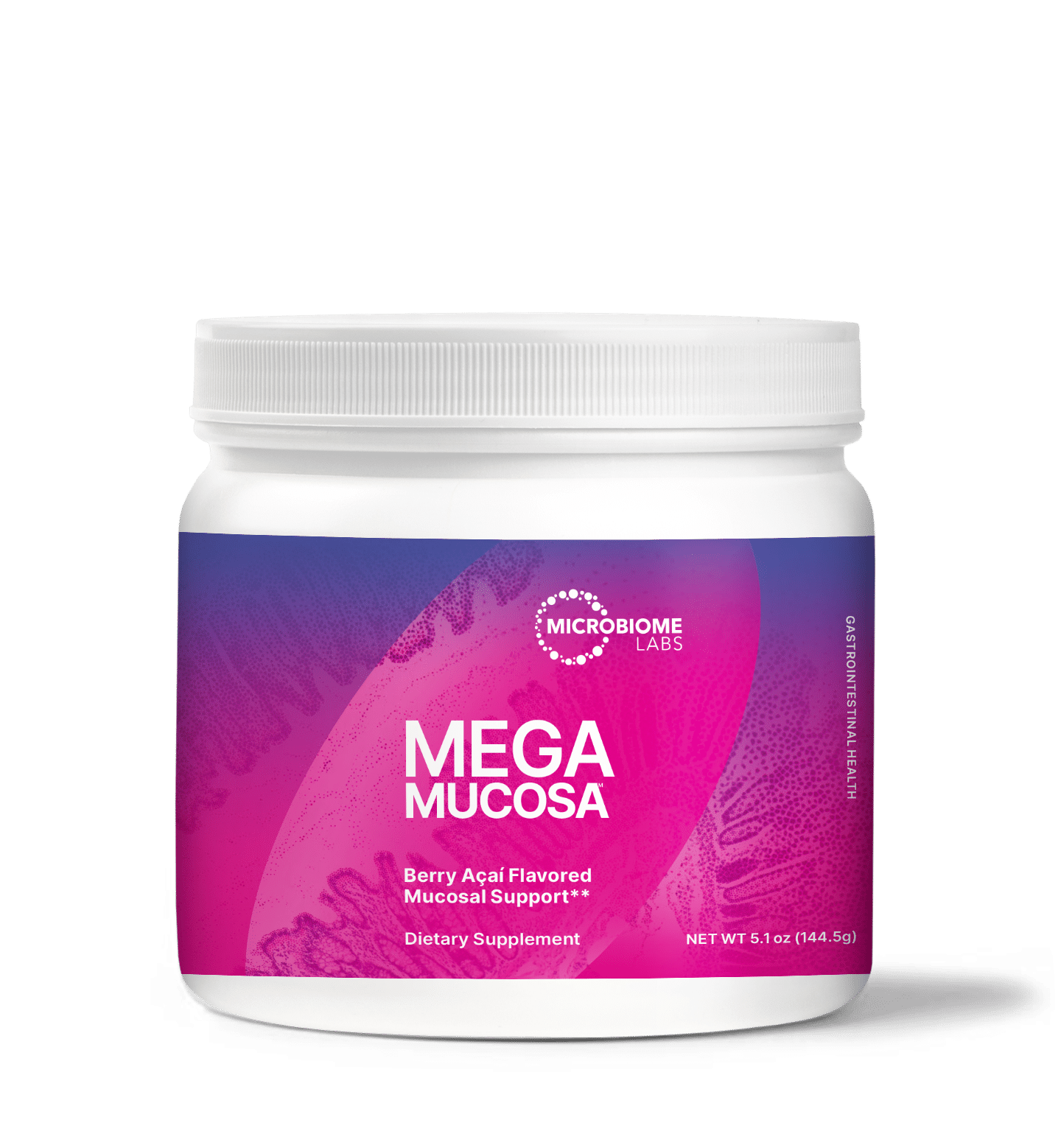MegaMucosa dietary supplement powder for Immune and Mucosal Barrier Support in berry acai flavor.