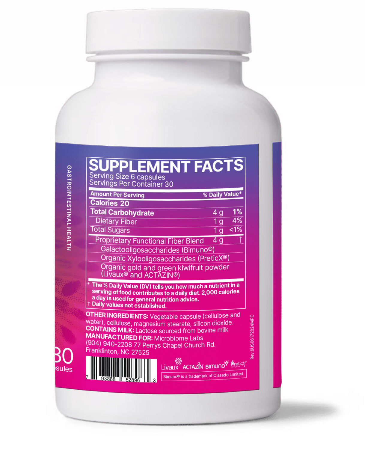 Supplement facts for MegaPre, Precision Prebiotics for Microbiome Diversity and Digestive Health.