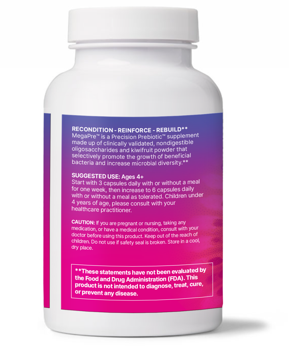 MegaPre product bottle featuring Precision Prebiotics for Microbiome Diversity and Digestive Health.