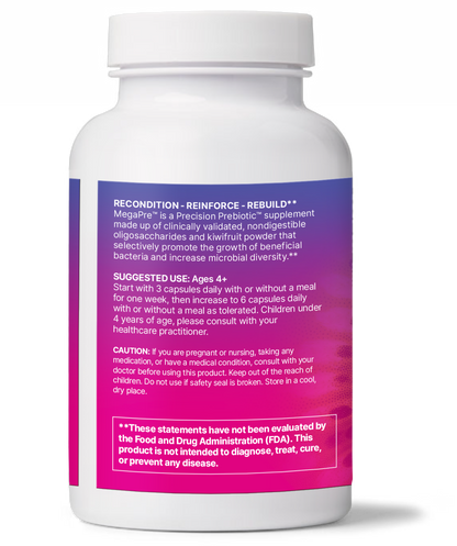 MegaPre product bottle featuring Precision Prebiotics for Microbiome Diversity and Digestive Health.