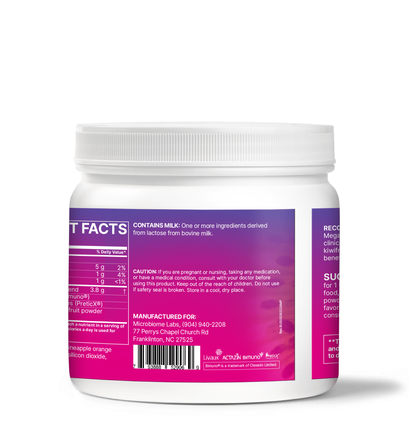 MegaPre supplement jar featuring Precision Prebiotics for Microbiome Diversity and Digestive Health.