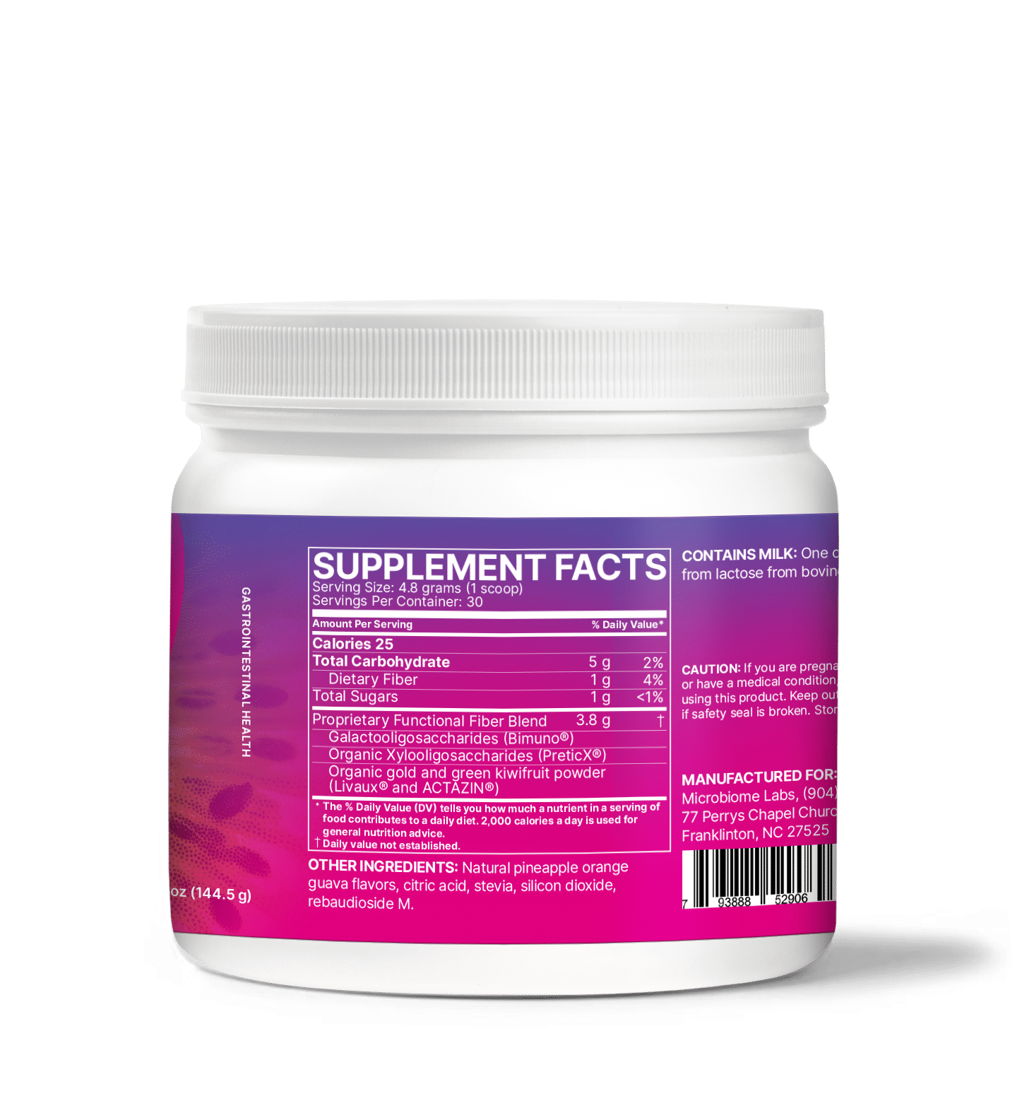 MegaPre supplement container featuring Supplement Facts for Precision Prebiotics for Microbiome Diversity and Digestive Health.