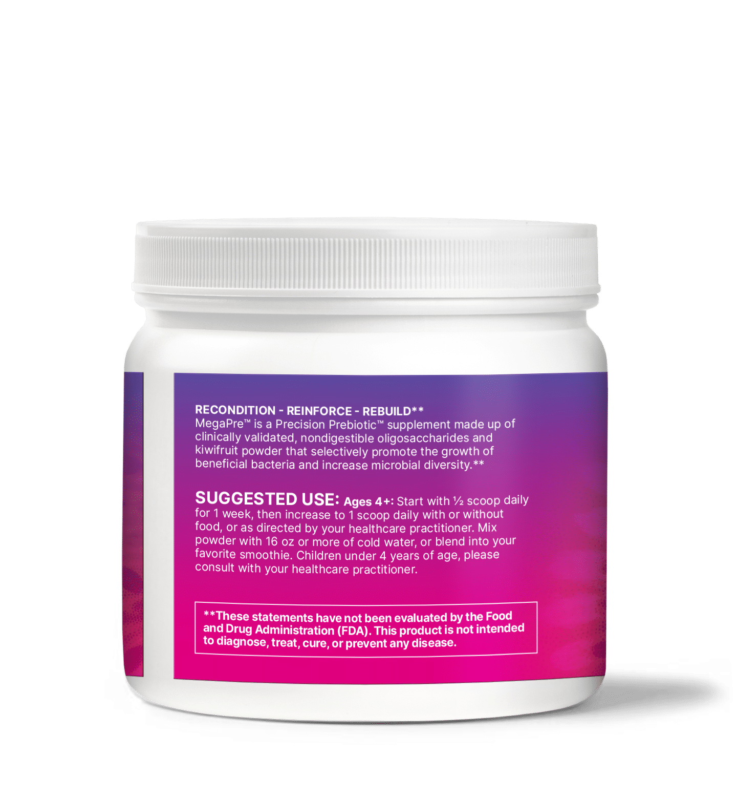 MegaPre container showcasing Precision Prebiotics for Microbiome Diversity and Digestive Health.