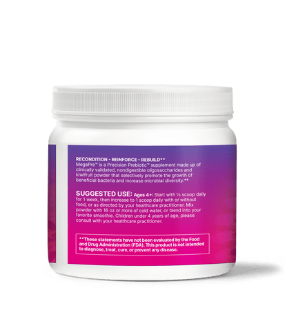 MegaPre container showcasing Precision Prebiotics for Microbiome Diversity and Digestive Health.
