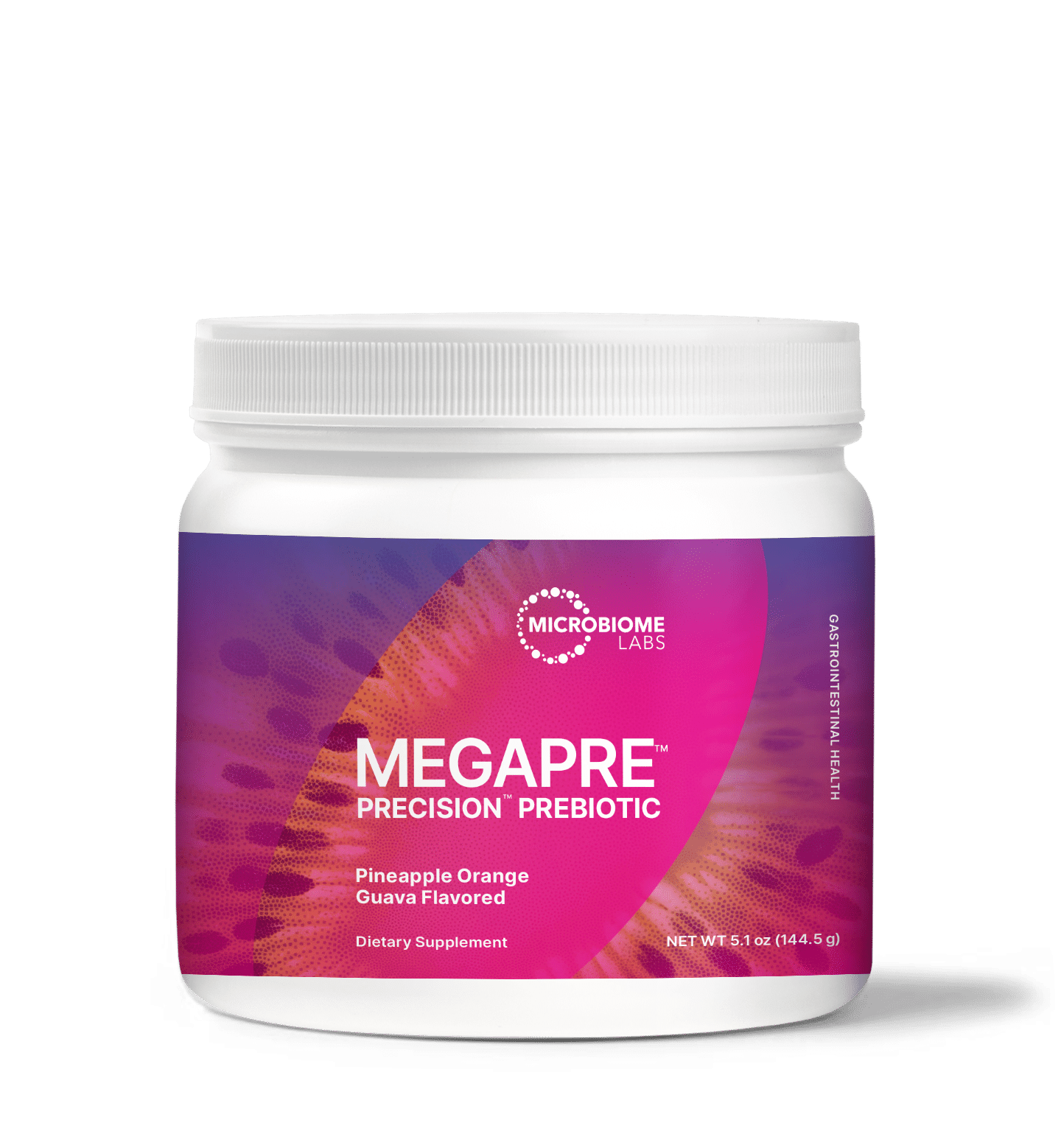 MegaPre Precision Prebiotics for Microbiome Diversity and Digestive Health in a pineapple orange guava flavor supplement.