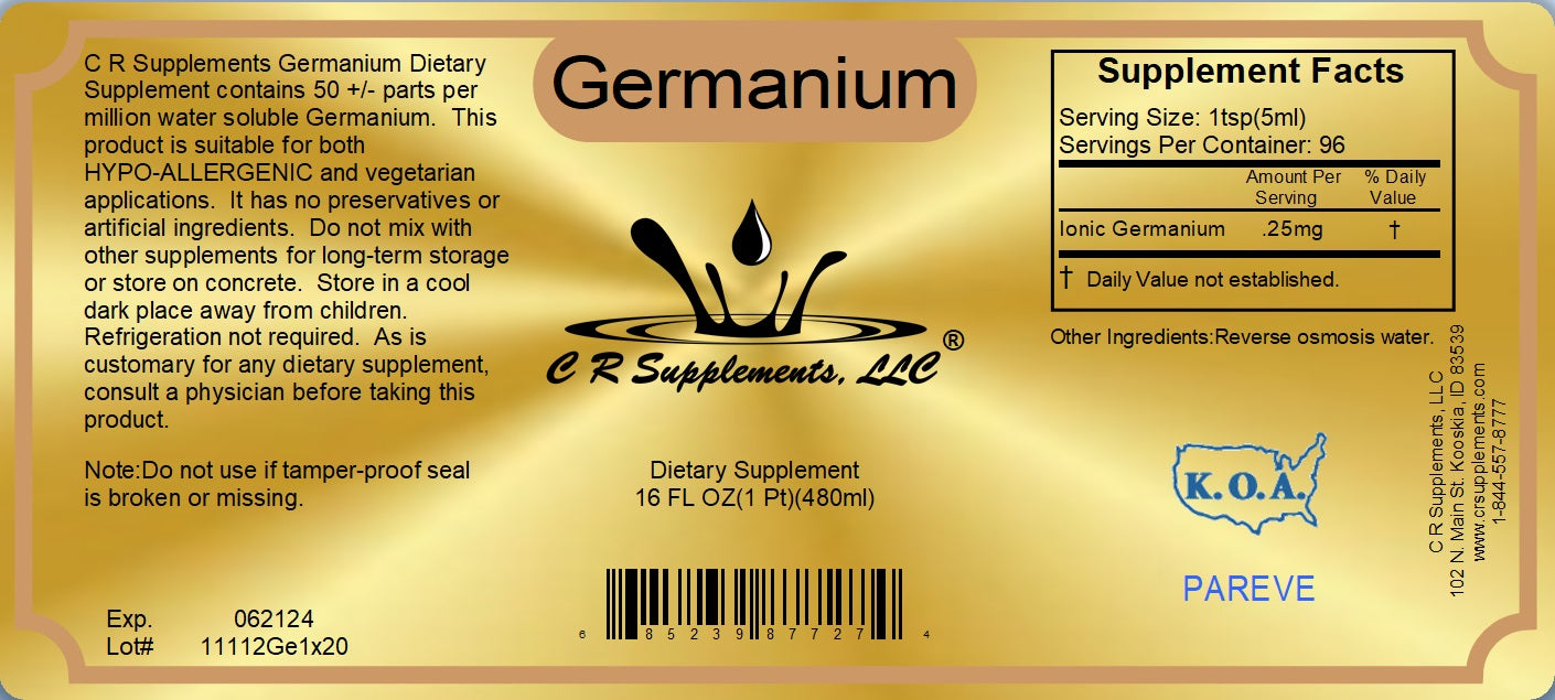 Germanium Ionic Liquid Mineral Supplement label featuring supplement facts and usage instructions.