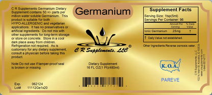 Germanium Ionic Liquid Mineral Supplement label featuring supplement facts and usage instructions.