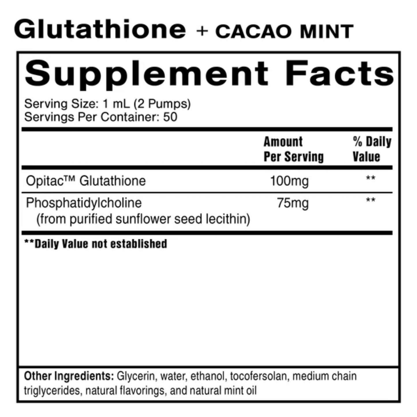 Supplement facts label for Liposomal Glutathione Master Antioxidant Supplement in a cacao mint flavor.