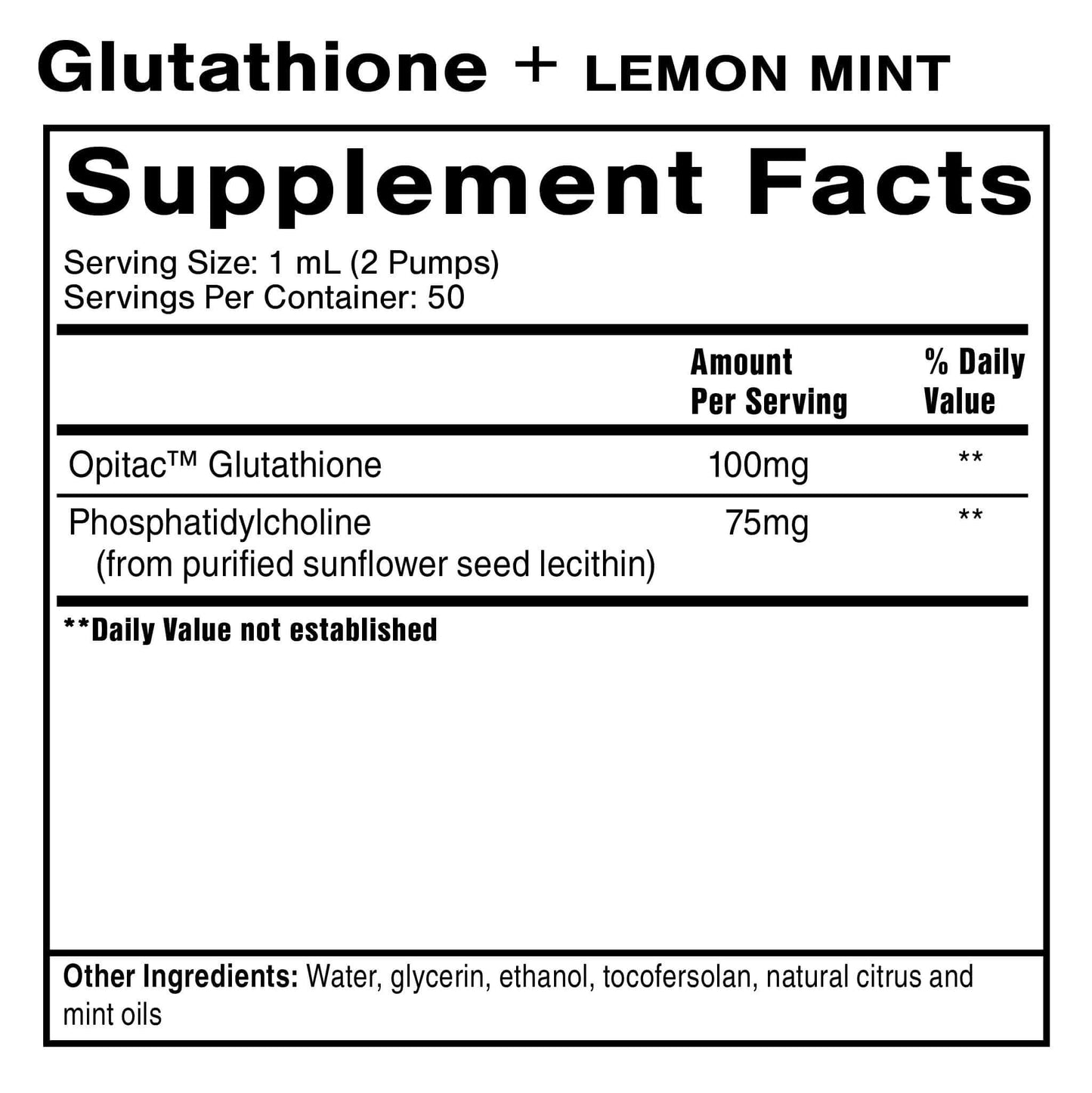 Supplement facts for Glutathione + Lemon Mint, highlighting the Master Antioxidant Supplement ingredients and serving details.