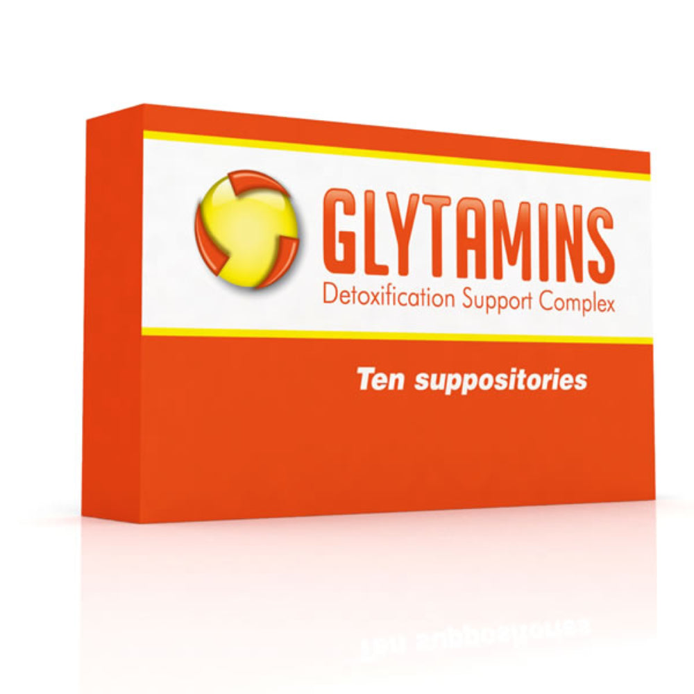 Box of GLYTAMINS Detoxification Support Complex with red and yellow design on a white background