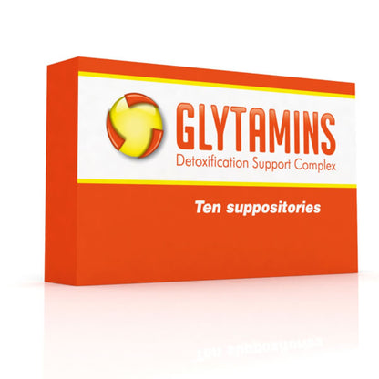 Box of GLYTAMINS Detoxification Support Complex with red and yellow design on a white background