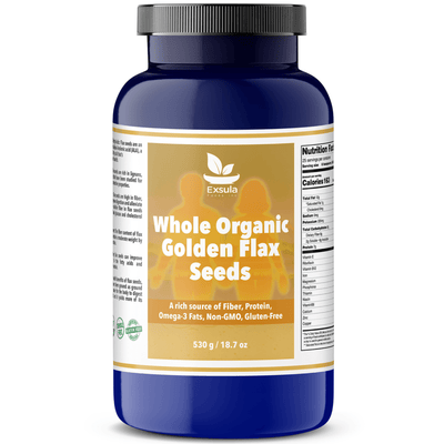 Bottle of Exsula Whole Organic Golden Flax Seeds on a white background