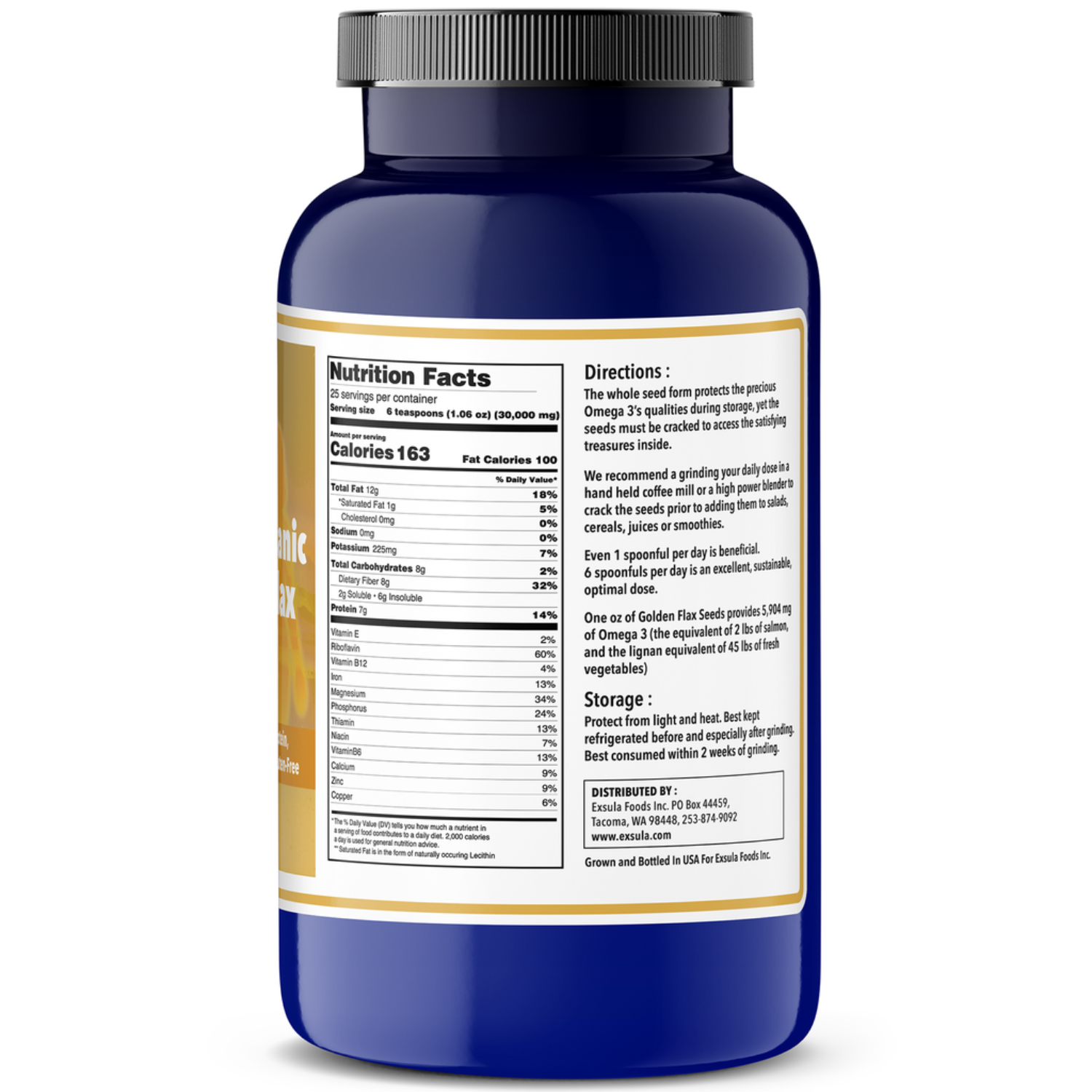 Blue supplement bottle with nutrition facts label on a white background