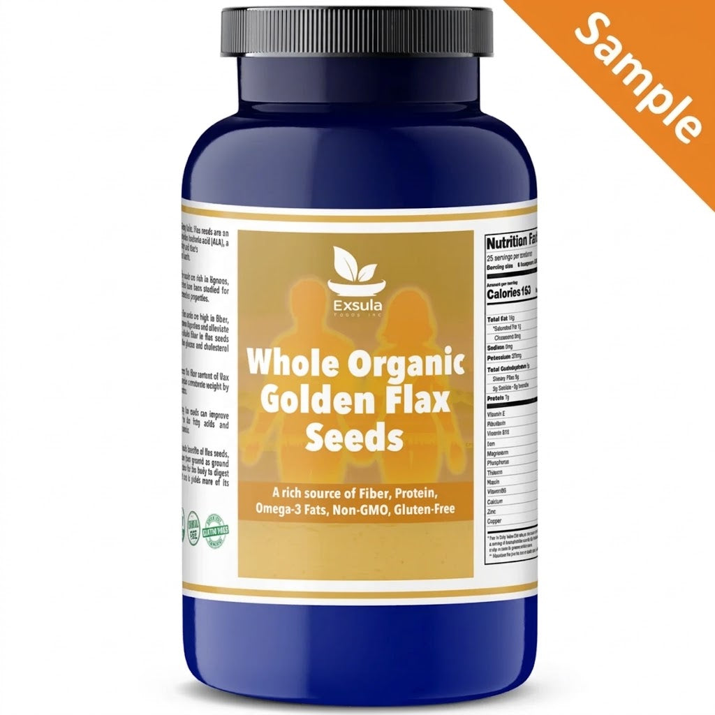 Golden Flax Seeds in a blue jar, a source of Organic Gluten Free Plant Protein, high in fiber and omega-3 fats.
