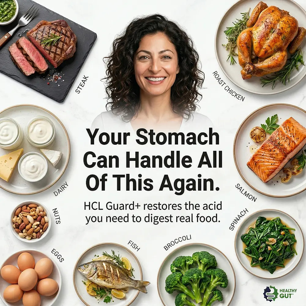 Image showcasing HCL Guard with various foods, illustrating how Betaine HCl and Digestive Enzymes help digestion.
