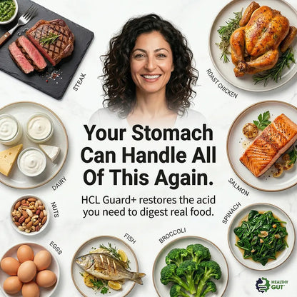 Image showcasing HCL Guard with various foods, illustrating how Betaine HCl and Digestive Enzymes help digestion.