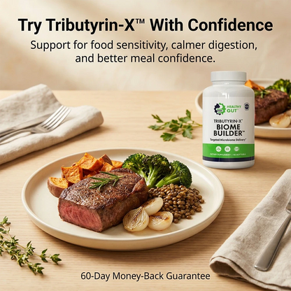 Tributyrin-X postbiotic for digestive health on a plate with steak and vegetables.