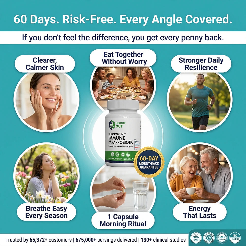 Promotional image for HoloImmune Adaptogenic ParaProbiotic highlighting benefits for immune health.