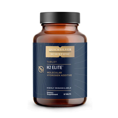 H2 Elite Molecular Hydrogen Tablets bottle from Quicksilver Scientific, highly bioavailable dietary supplement.