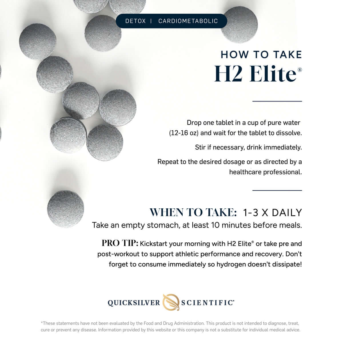 Molecular Hydrogen Tablets instructions for H2 Elite, showing dosage and consumption tips from Quicksilver Scientific.