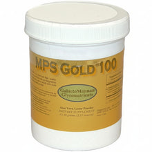 Container of MPS Gold 100 dietary supplement with a white lid on a white background