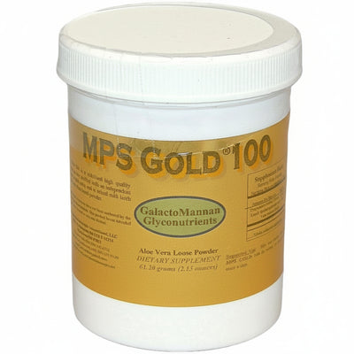 Container of MPS Gold 100 dietary supplement with a white lid on a white background