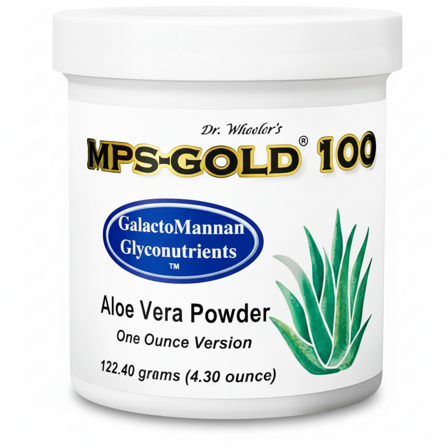 Container of Dr. Wheeler's MPS-Gold 100 Aloe Vera Powder on a white background