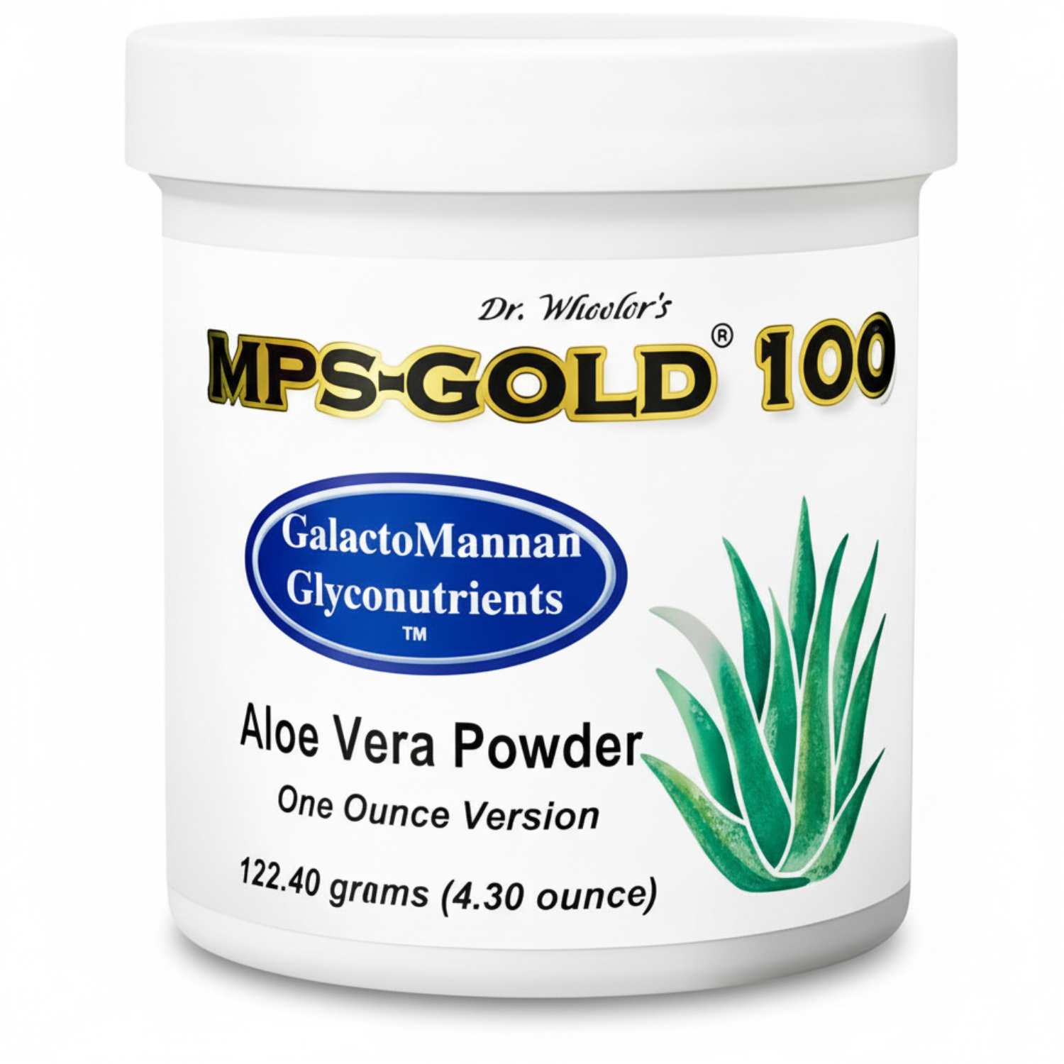 Container of Dr. Wheeler's MPS-Gold 100 Aloe Vera Powder on a white background