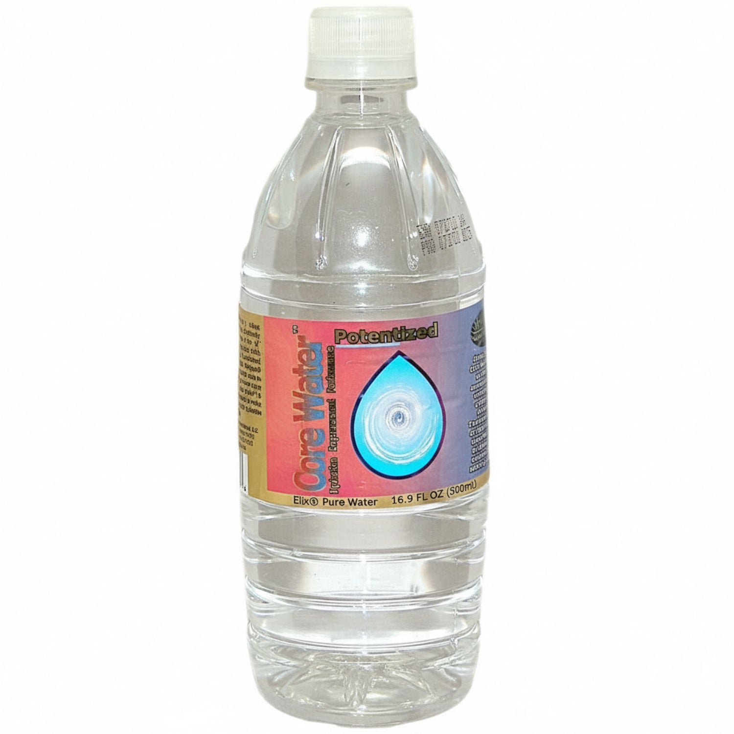 Clear water bottle of Core Water with a colorful label on a white background