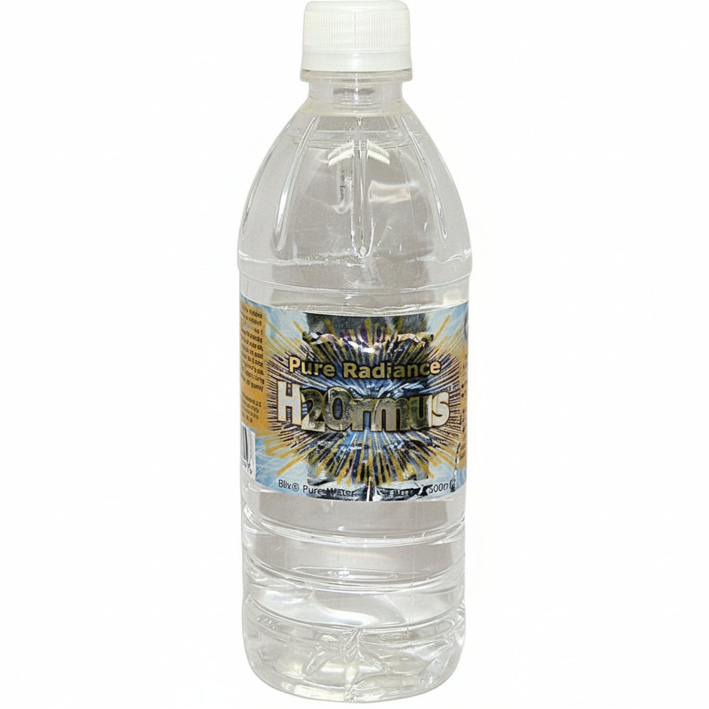 Clear water bottle with a label on a white background