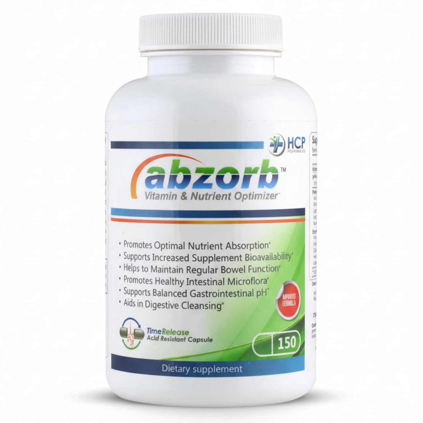 bottle of HCP Formulas Abzorb Vitamin and Nutrient Optimizer 150 capsules on white background